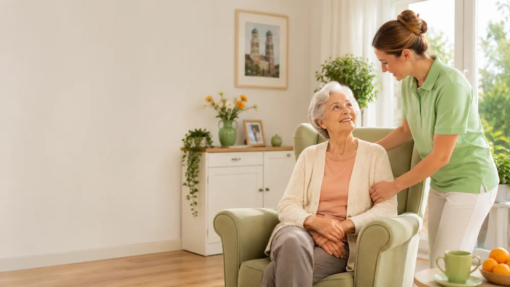 Pflegekraft der Münchner Pflegedrachen im Gespräch mit einer Seniorin, die in ihrem hellen Wohnzimmer im Sessel sitzt