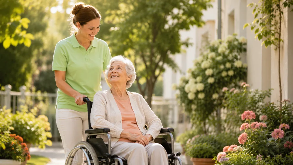 Pflegekraft begleitet eine Seniorin im Rollstuhl bei einem Spaziergang durch eine begrünte Wohnstraße