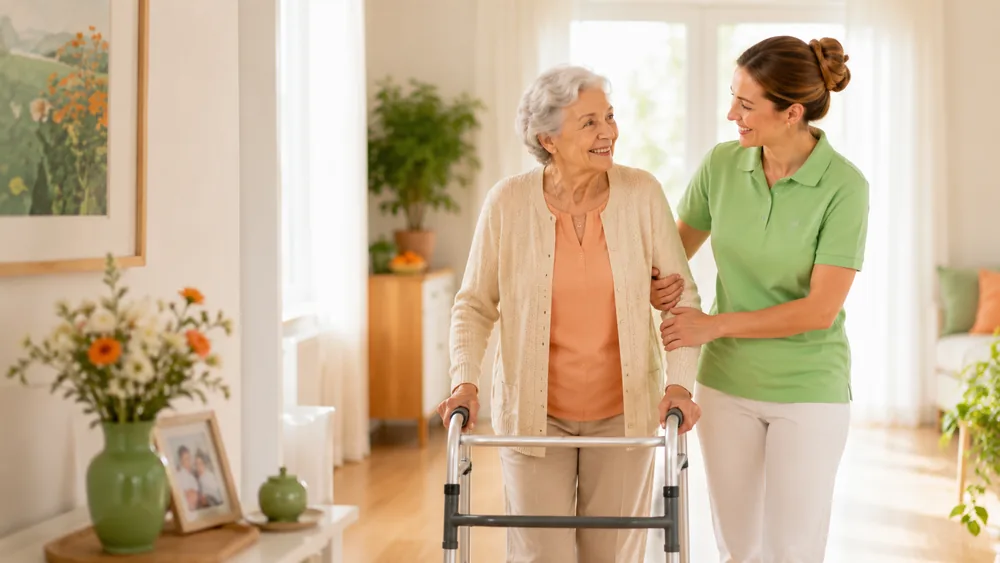 Pflegekraft stützt eine Seniorin, die mit einem Rollator sicher durch ihre Wohnung geht
