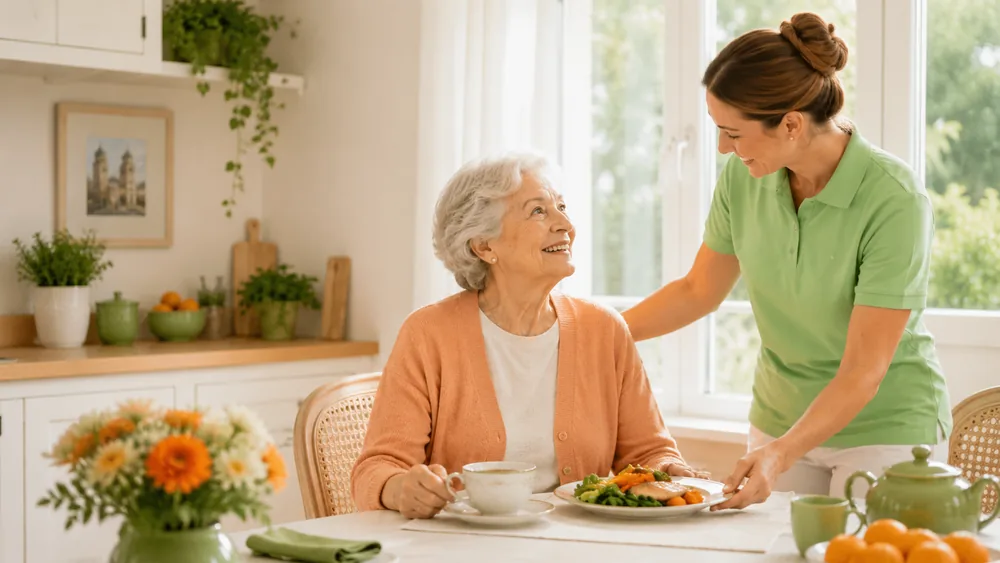 Pflegekraft stellt einer Seniorin in ihrer Küche eine frisch zubereitete Mahlzeit auf den Tisch